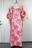 Pink Casual Flowers Embroidered Square Neck Long Dresses