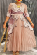 Light Coffee Elegant Flowers Pleated O Neck Long Plus Size Dresses