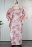 Pink Casual Flowers Embroidered Square Neck Long Dresses