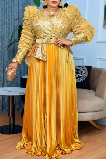 Yellow Elegant Solid Color With Belt Pleated V Neck Long Plus Size Dresses