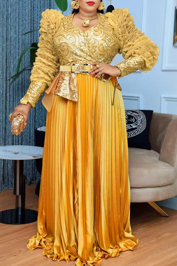 Yellow Elegant Solid Color With Belt Pleated V Neck Long Plus Size Dresses