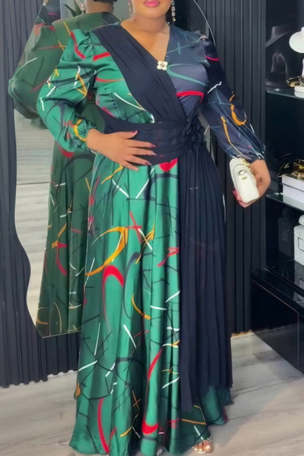 Green Elegant Print Contrast V Neck Long Plus Size Dresses