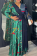 Green Elegant Print Contrast V Neck Long Plus Size Dresses