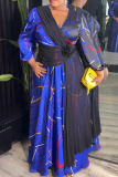 Yellow Elegant Print Contrast V Neck Long Plus Size Dresses