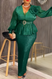 Red Elegant Solid Color Sequins With Belt V Neck Long Plus Size Dresses