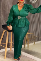 Green Elegant Solid Color Sequins With Belt V Neck Long Plus Size Dresses