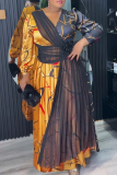 Yellow Elegant Print Contrast V Neck Long Plus Size Dresses
