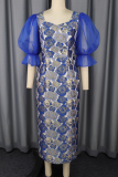 Blue Elegant Print Mesh Contrast Asymmetrical Collar Long Dresses