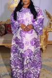 Purple Casual Flowers Contrast O Neck Long Plus Size Dresses