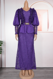 Purple Elegant Solid Color Lace V Neck Long Plus Size Dresses