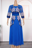 Light Coffee Elegant Flowers Pleated O Neck Long Plus Size Dresses
