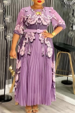 Light Coffee Elegant Flowers Pleated O Neck Long Plus Size Dresses