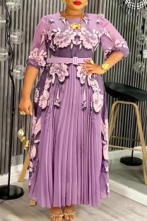 Purple Elegant Flowers Pleated O Neck Long Plus Size Dresses