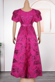 Rose Red Celebrities Solid Color With Belt V Neck Long Plus Size Dresses