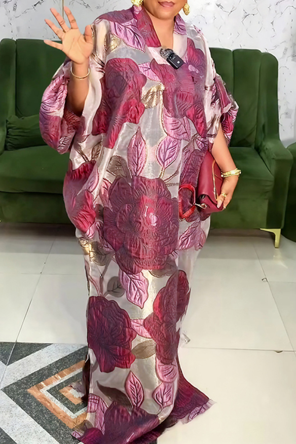 Red Casual Flowers Patchwork V Neck Long Dresses