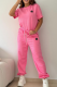 Pink Casual Letters Patchwork O Neck Short Sleeve Two Pieces