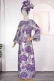 Purple Casual Flowers Contrast O Neck Long Plus Size Dresses