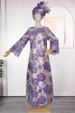 Purple Casual Flowers Contrast O Neck Long Plus Size Dresses