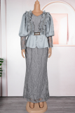 Purple Elegant Solid Color Lace V Neck Long Plus Size Dresses