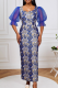 Blue Elegant Print Mesh Contrast Asymmetrical Collar Long Dresses