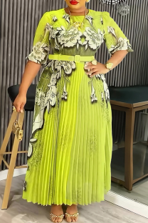 Green Elegant Flowers Pleated O Neck Long Plus Size Dresses