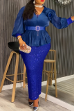 Red Elegant Solid Color Sequins With Belt V Neck Long Plus Size Dresses