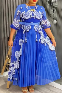 Blue Elegant Flowers Pleated O Neck Long Plus Size Dresses
