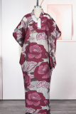 Red Casual Flowers Patchwork V Neck Long Dresses