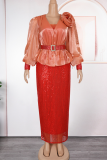 Red Elegant Solid Color Sequins With Belt V Neck Long Plus Size Dresses
