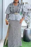 Purple Elegant Solid Color Lace V Neck Long Plus Size Dresses