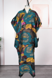 Red Casual Flowers Patchwork V Neck Long Dresses