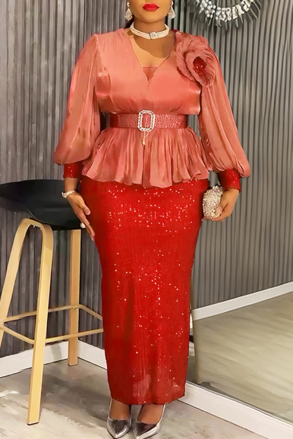 Red Elegant Solid Color Sequins With Belt V Neck Long Plus Size Dresses