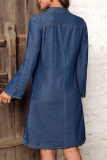 Deep Blue Casual Solid Color Buckle Turndown Collar Long Sleeve Loose Denim Dresses