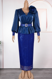 Red Elegant Solid Color Sequins With Belt V Neck Long Plus Size Dresses