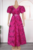 Rose Red Celebrities Solid Color With Belt V Neck Long Plus Size Dresses