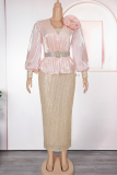 Red Elegant Solid Color Sequins With Belt V Neck Long Plus Size Dresses