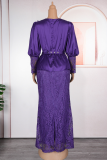 Purple Elegant Solid Color Lace V Neck Long Plus Size Dresses