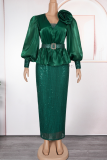 Red Elegant Solid Color Sequins With Belt V Neck Long Plus Size Dresses