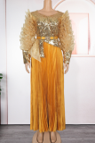 Yellow Elegant Solid Color With Belt Pleated V Neck Long Plus Size Dresses