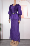 Purple Elegant Solid Color Lace V Neck Long Plus Size Dresses