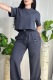 Black Casual Letters Draw String O Neck Short Sleeve Two Pieces