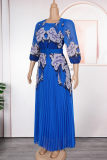 Light Coffee Elegant Flowers Pleated O Neck Long Plus Size Dresses