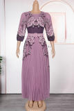 Light Coffee Elegant Flowers Pleated O Neck Long Plus Size Dresses