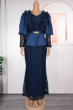 Purple Elegant Solid Color Lace V Neck Long Plus Size Dresses