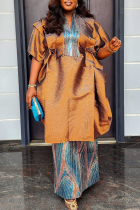 Coffee Draw String V Neck Plus Size Two Pieces