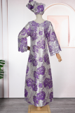 Purple Casual Flowers Contrast O Neck Long Plus Size Dresses
