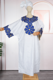White Casual Jacquard O Neck Long Dresses