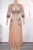 Light Coffee Elegant Flowers Pleated O Neck Long Plus Size Dresses