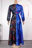 Yellow Elegant Print Contrast V Neck Long Plus Size Dresses