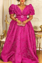 Rose Red Celebrities Solid Color With Belt V Neck Long Plus Size Dresses